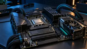 Motherboard, processor, graphics card and NVMe storage representing Linux 7.3 improvements