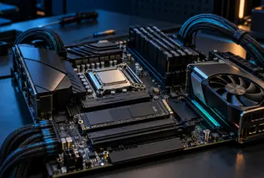 Motherboard, processor, graphics card and NVMe storage representing Linux 7.3 improvements