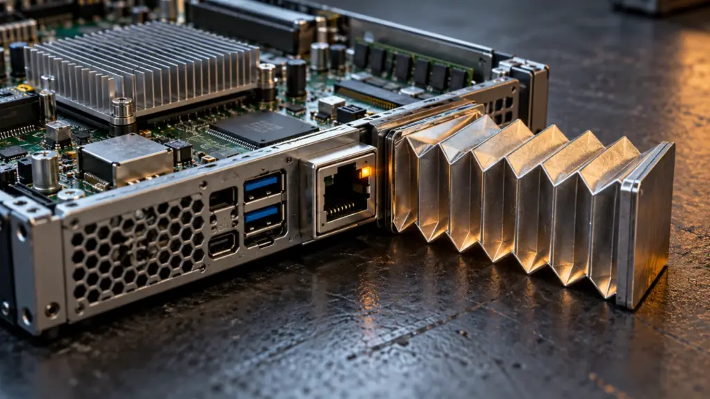 Server motherboard and network port beside folded metallic bellows on a workbench