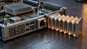 Server motherboard and network port beside folded metallic bellows on a workbench