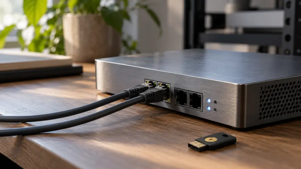 Compact metal network appliance with Ethernet cables and a hardware security key on a wooden workbench
