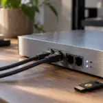Compact metal network appliance with Ethernet cables and a hardware security key on a wooden workbench