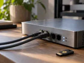 Compact metal network appliance with Ethernet cables and a hardware security key on a wooden workbench