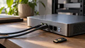 Compact metal network appliance with Ethernet cables and a hardware security key on a wooden workbench