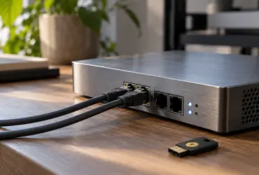 Compact metal network appliance with Ethernet cables and a hardware security key on a wooden workbench