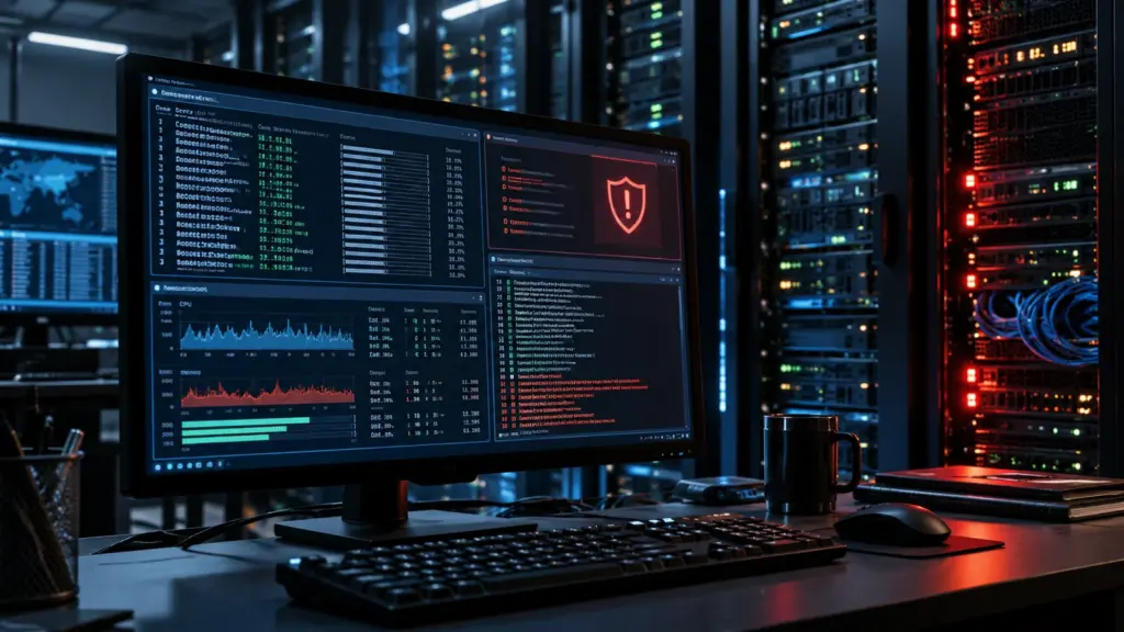 Web server monitoring console showing an urgent PHP security patch operation