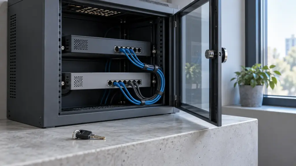 Network cabinet with an open glass door, connected Ethernet cables and a mechanical key on the ledge