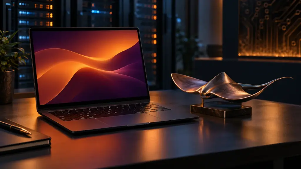 Ubuntu 26.10 represented by a laptop and metallic stingray sculpture