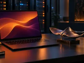Ubuntu 26.10 represented by a laptop and metallic stingray sculpture