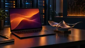 Ubuntu 26.10 represented by a laptop and metallic stingray sculpture