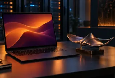 Ubuntu 26.10 represented by a laptop and metallic stingray sculpture