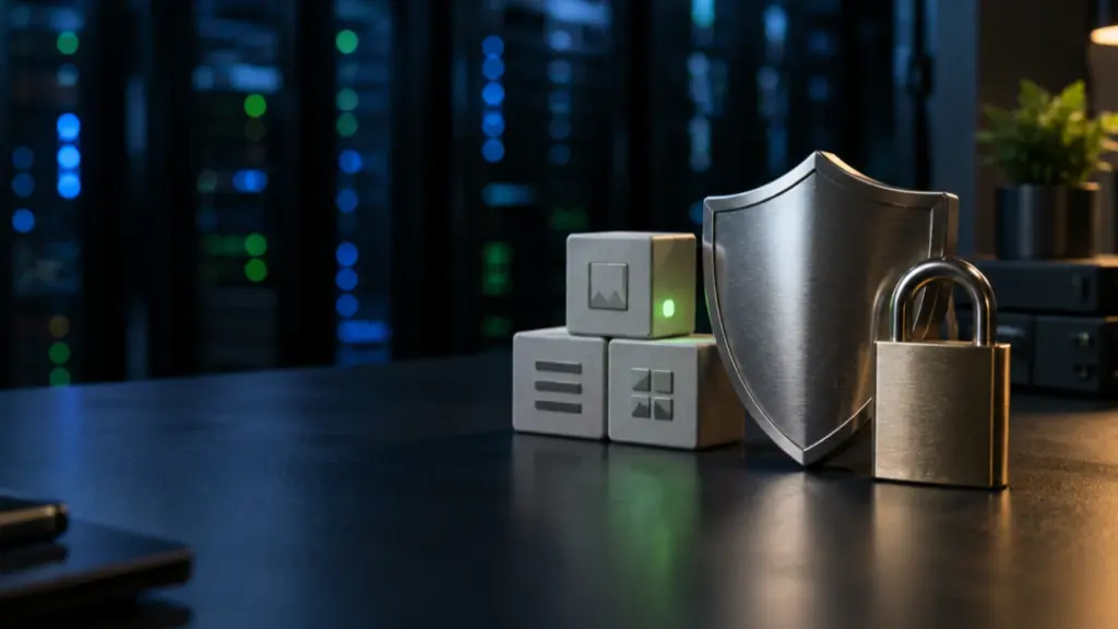 Metal shield and padlock protecting website blocks for the WordPress 7.1.3 security update