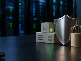 Metal shield and padlock protecting website blocks for the WordPress 7.1.3 security update