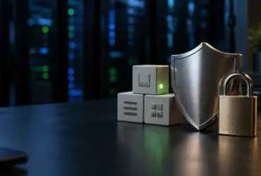 Metal shield and padlock protecting website blocks for the WordPress 7.1.3 security update